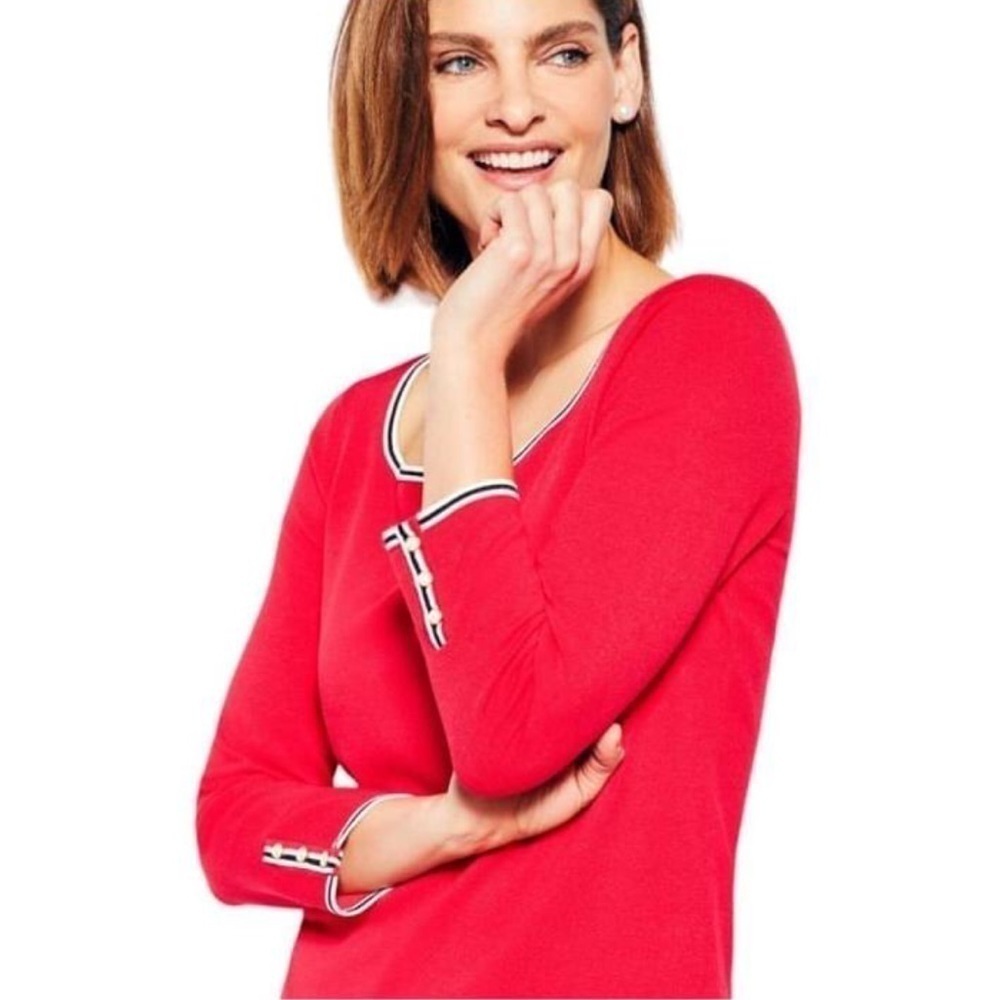 Talbots Red Square Neck Pearl Button Cuff Sweater Size Medium